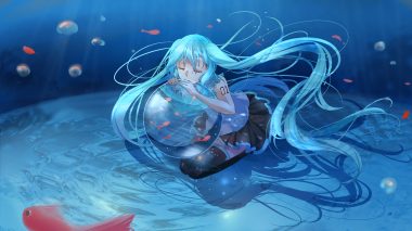 animal aqua hair ball bubbles fish hatsune miku long hair reflection skirt suiboku tanren tattoo thighhighs twintails underwater vocaloid water