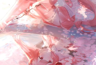cherry blossoms flowers hatsune miku long hair nacho petals pink pink eyes pink hair reflection sakura miku skirt thighhighs tie vocaloid water