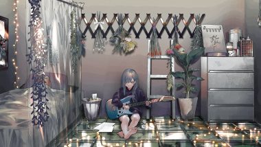 aliasing barefoot bed blue hair flowers guitar hatsune miku hood instrument paper sinomi vocaloid
