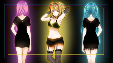 aqua hair blonde hair breasts cleavage dress elbow gloves garter belt gloves green eyes hatsune miku kagamine rin long hair megurine luka navel pink hair ponta short hair shorts stockings thighhighs twintails vocaloid