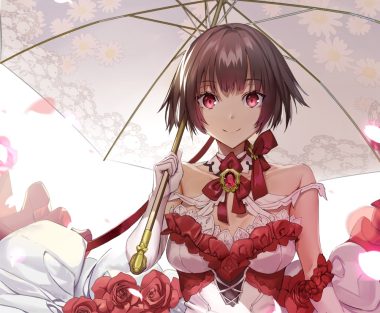 bow brown hair ddaomphyo dress elbow gloves flowers gloves original petals red eyes ribbons rose short hair umbrella