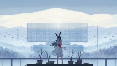 animal animal ears barefoot bird black hair bow bunny ears bunnygirl clouds dress long hair original ribbons scenic sky summer dress tagme (artist)