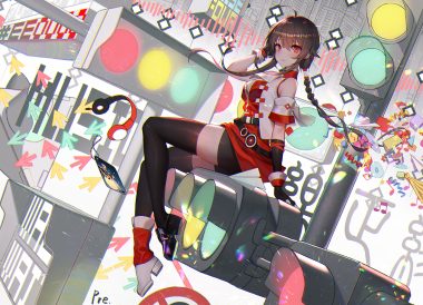 braids breasts brown hair cleavage elbow gloves gloves long hair ponytail pre (preecho) red eyes shorts signed thighhighs vocaloid vsinger yuezheng ling zettai ryouiki