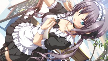 apron choker dress game cg garter belt gray hair green eyes headdress koku long hair maid matsuriya minato purple software realive thighhighs twintails waitress
