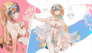 aqua eyes blonde hair bow braids breasts cleavage fate/grand order fate (series) headdress jeanne d'arc (fate) long hair panties salmon88 see through thighhighs underwear
