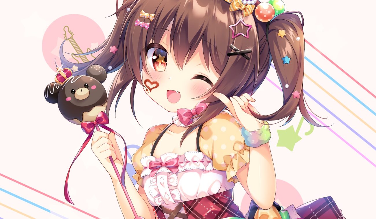 blush bow brown hair candy chocolate dress fang loli red eyes ribbons twintails umeko machi wand wink wristwear