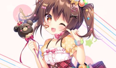 blush bow brown hair candy chocolate dress fang loli red eyes ribbons twintails umeko machi wand wink wristwear