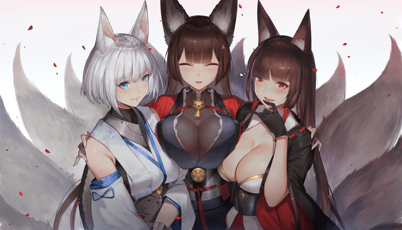 akagi (azur lane) amagi (azur lane) animal ears anthropomorphism aqua eyes azur lane breasts brown hair cleavage duan henglong foxgirl gloves hug japanese clothes kaga (azur lane) long hair multiple tails red eyes see through short hair tail white hair