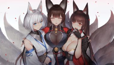 akagi (azur lane) amagi (azur lane) animal ears anthropomorphism aqua eyes azur lane breasts brown hair cleavage duan henglong foxgirl gloves hug japanese clothes kaga (azur lane) long hair multiple tails red eyes see through short hair tail white hair