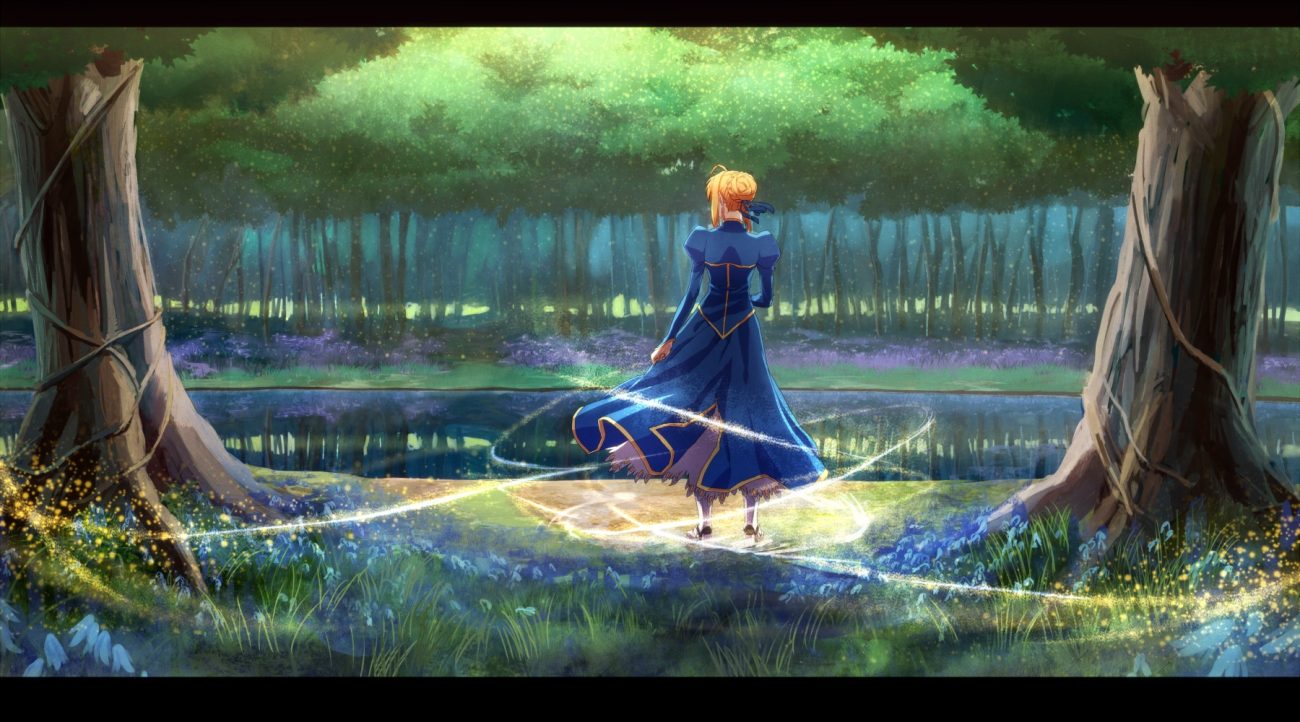 artoria pendragon (all) fate (series) fate/stay night flowers forest ganov reflection saber tree water
