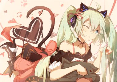 animal ears blue eyes boots bow green hair hatsune miku tail taka (0taka) vocaloid wink