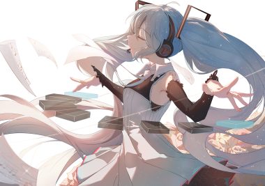 blue hair hatsune miku headphones paper taka (0taka) vocaloid