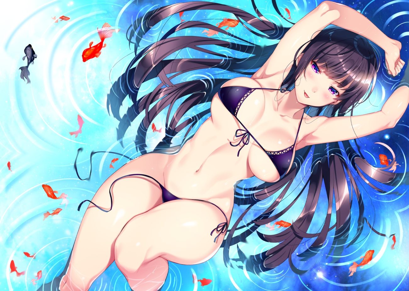 animal black hair blush breasts cut (bu-kunn) fish jpeg artifacts long hair navel original purple eyes water