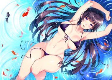 animal black hair blush breasts cut (bu-kunn) fish jpeg artifacts long hair navel original purple eyes water