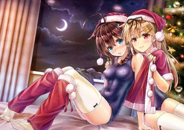 2girls anthropomorphism aqua eyes bell blonde hair blush bow braids breasts brown hair christmas clouds erect nipples hat kantai collection kotatsu (kotatsu358) long hair moon red eyes ribbons santa hat shigure (kancolle) sky stars swimsuit thighhighs yuudachi (kancolle)