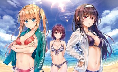 aqua eyes bikini black hair blonde hair blue eyes blush breasts brown eyes brown hair cleavage clouds headband kasumigaoka utaha katou megumi kotatsu (kotatsu358) long hair navel red eyes ribbons saenai heroine no sodatekata sawamura spencer eriri see through short hair sky swimsuit twintails