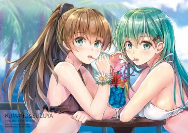 2girls anthropomorphism aqua eyes bikini blush breasts brown hair cherry clouds drink flowers food fruit green hair kantai collection kotatsu (kotatsu358) kumano (kancolle) long hair orange (fruit) ponytail sky suzuya (kancolle) swimsuit