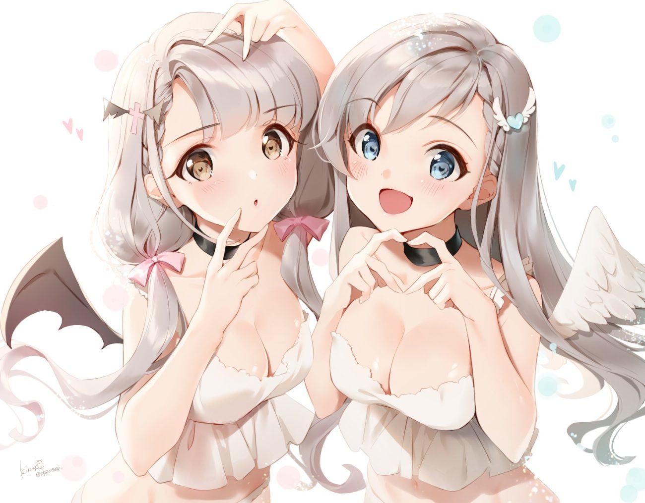2girls aqua eyes blush braids breasts brown eyes choker cleavage gray hair hisakawa hayate hisakawa nagi idolmaster idolmaster cinderella girls kinako (shiratama mochi) long hair signed twins white wings