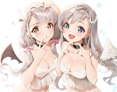 2girls aqua eyes blush braids breasts brown eyes choker cleavage gray hair hisakawa hayate hisakawa nagi idolmaster idolmaster cinderella girls kinako (shiratama mochi) long hair signed twins white wings