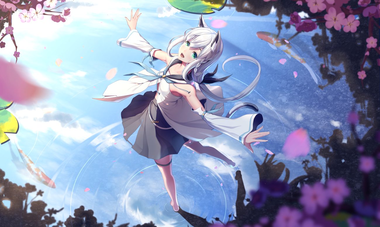 animal ears barefoot braids cherry blossoms flowers foxgirl garter gray hair green eyes hololive lazy guang guang long hair petals shirakami fubuki skirt thighhighs water