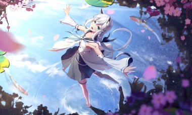 animal ears barefoot braids cherry blossoms flowers foxgirl garter gray hair green eyes hololive lazy guang guang long hair petals shirakami fubuki skirt thighhighs water