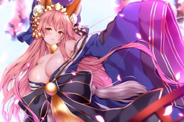 aliasing animal ears ayuteisyoku bell blush breasts brown eyes fate/grand order fate (series) foxgirl headdress japanese clothes long hair no bra petals pink hair signed tamamo no mae (fate)