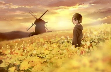 black eyes black hair clouds jpeg artifacts original sakeharasu scenic short hair sky windmill