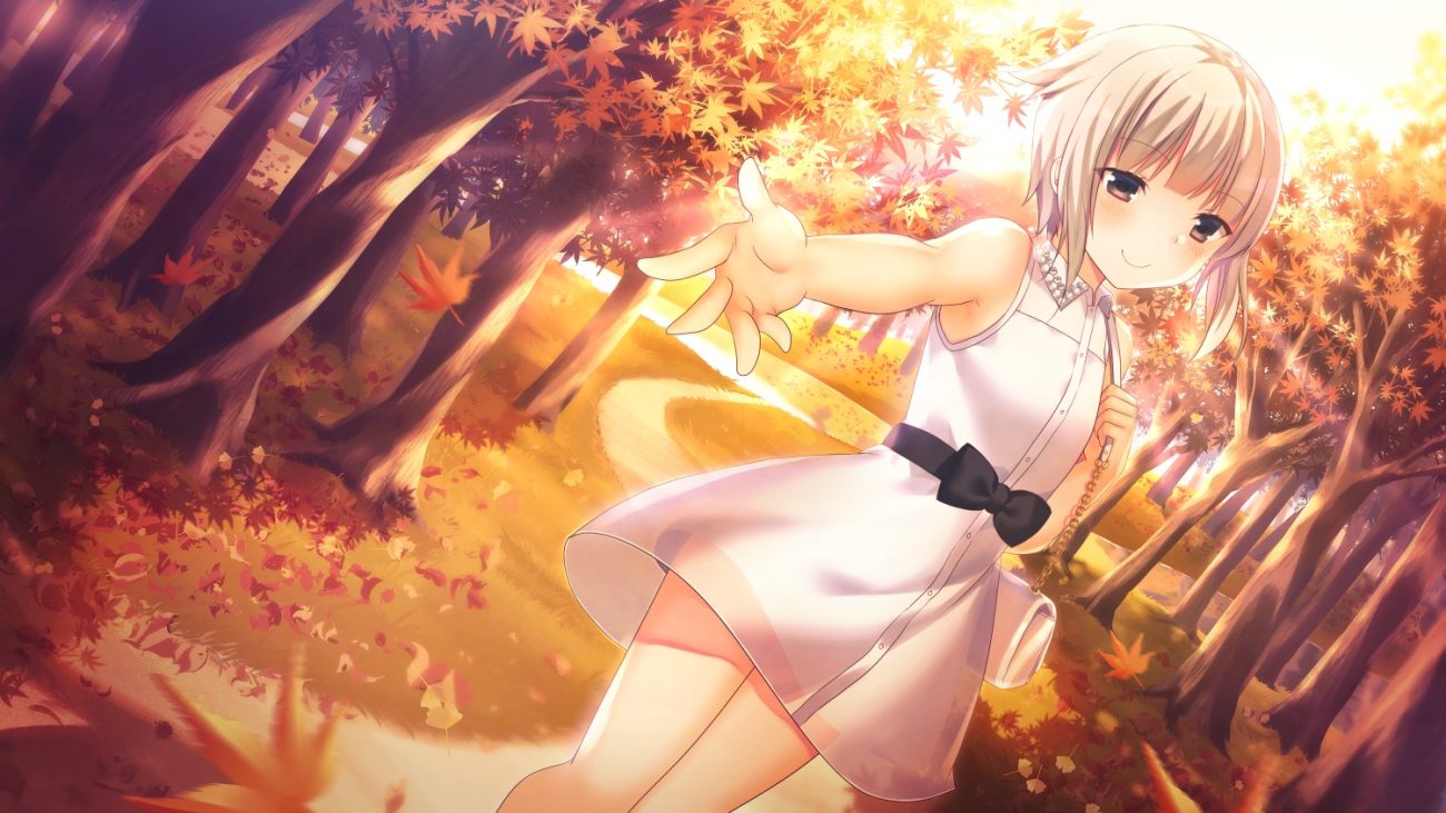 aliasing autumn blush bow brown eyes craytm dress gray hair leaves original scenic see through short hair tree