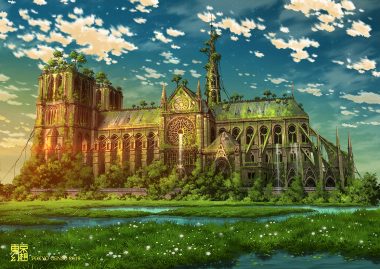 building clouds grass original ruins scenic sky tokyogenso tree water waterfall watermark
