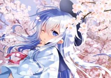 anthropomorphism blue eyes cherry blossoms close flowers gray hair hat hibiki (kancolle) kantai collection long hair motohara moka petals school uniform wink