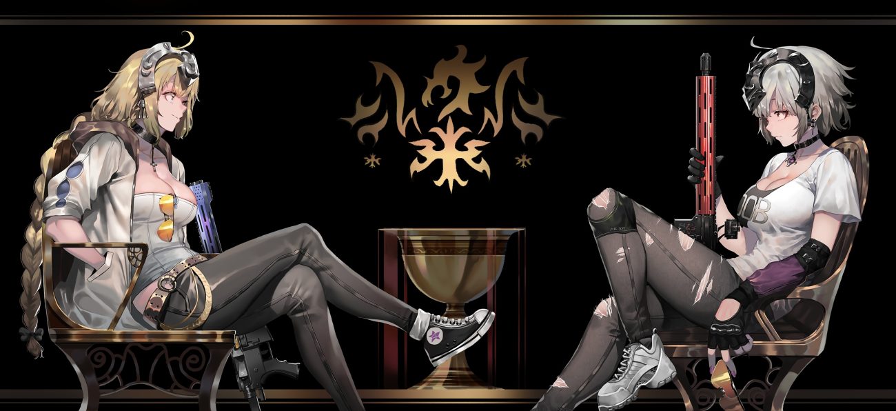 aqua eyes black braids breasts brown hair choker cleavage cross fate/grand order fate (series) gun headdress ihobus jeanne d'arc alter jeanne d'arc (fate) long hair ponytail sunglasses torn clothes weapon