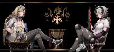 aqua eyes black braids breasts brown hair choker cleavage cross fate/grand order fate (series) gun headdress ihobus jeanne d'arc alter jeanne d'arc (fate) long hair ponytail sunglasses torn clothes weapon