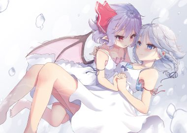 2girls barefoot beni kurage blue hair blush braids dress gray hair izayoi sakuya pointed ears purple hair red eyes remilia scarlet short hair shoujo ai summer dress touhou vampire wings