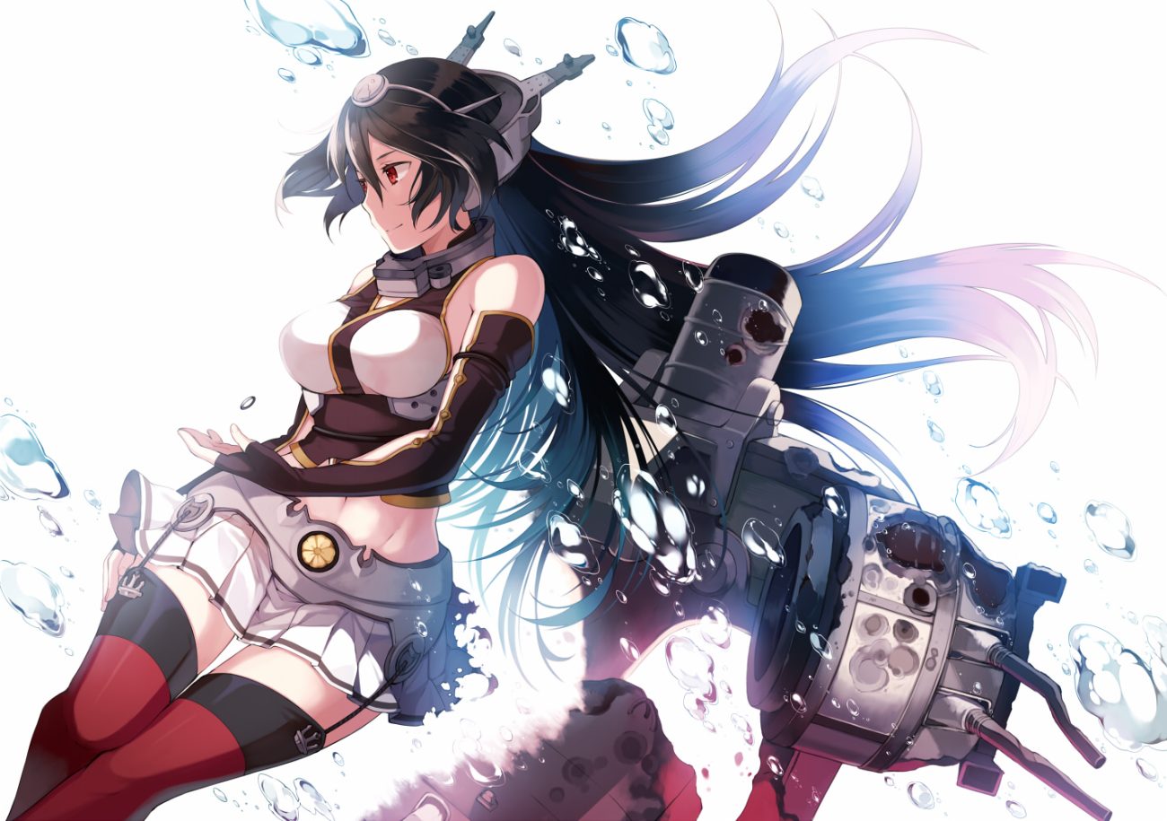 anthropomorphism black hair bubbles elbow gloves garter belt gloves hanokage kantai collection long hair nagato (kancolle) navel red eyes skirt thighhighs torn clothes zettai ryouiki
