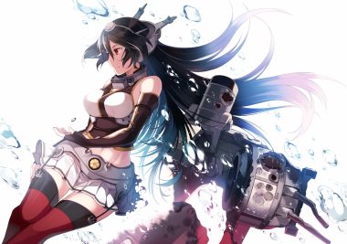 anthropomorphism black hair bubbles elbow gloves garter belt gloves hanokage kantai collection long hair nagato (kancolle) navel red eyes skirt thighhighs torn clothes zettai ryouiki