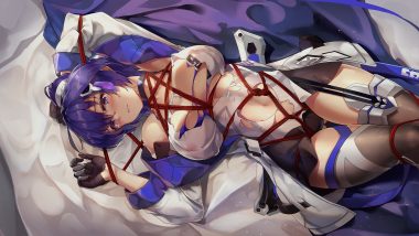 bondage gloves honkai impact honkai (series) japanese clothes navel nipples ponytail purple eyes purple hair raiden mei see through tears torn clothes zomzomzomsauce