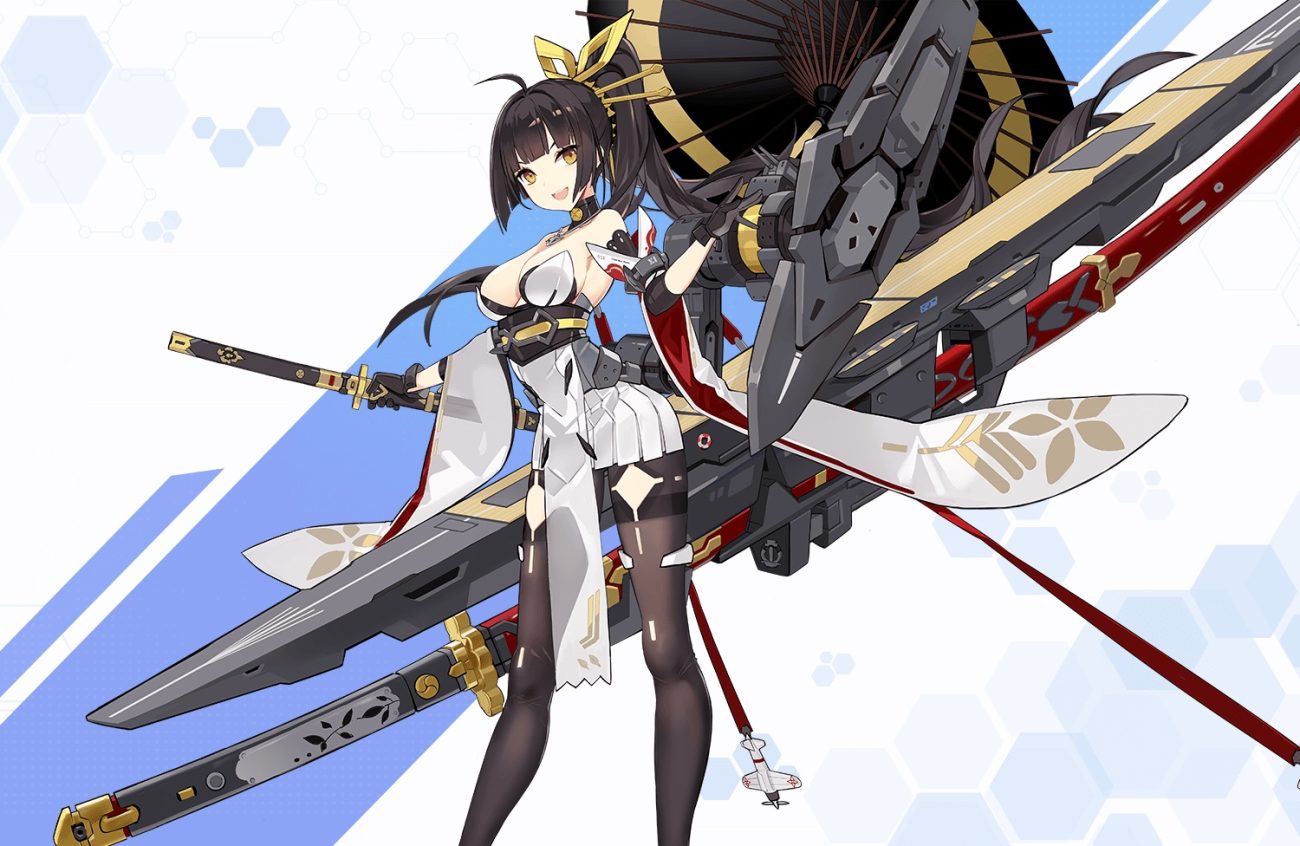 akagi (blue oath) anthropomorphism black hair blue oath breasts cleavage criin gloves japanese clothes katana long hair mechagirl pantyhose ponytail skirt sword umbrella weapon yellow eyes