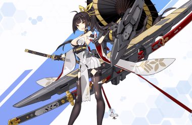 akagi (blue oath) anthropomorphism black hair blue oath breasts cleavage criin gloves japanese clothes katana long hair mechagirl pantyhose ponytail skirt sword umbrella weapon yellow eyes