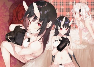2girls black hair bra breasts camera cleavage demon furisuku hololive horns long hair nakiri ayame navel panties red eyes tagme (character) underwear white hair