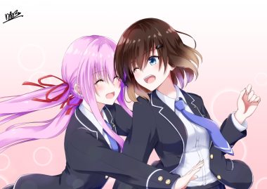 2girls aliasing aqua eyes brown hair gradient hinata tino long hair original pink hair ribbons short hair signed tie twintails wink