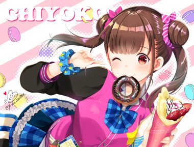 azuma yuki bow brown hair food fruit idolmaster idolmaster shiny colors long hair red eyes signed skirt sonoda chiyoko strawberry twintails wink wristwear