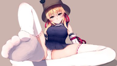 blonde hair blush brown cameltoe close darumoon dress hat moriya suwako panties short hair spread legs thighhighs touhou underwear yellow eyes