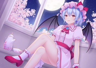 blue hair cherry blossoms dress flowers moon night pointed ears red eyes remilia scarlet sky socks stars touhou vampire wings wristwear yamayu