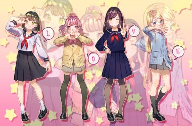 aqua eyes black hair blonde hair bomhat bow green hair group kneehighs long hair orange eyes original pantyhose pink hair ponytail red eyes school uniform short hair skirt skirt lift thighhighs tie wink yellow eyes zoom layer