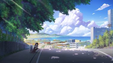 anthropomorphism brown hair building city clouds dress drink girls frontline long hair pantyhose red eyes scenic shade sky tree wa2000 (girls frontline) water zi ye (hbptcsg2)