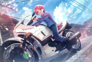 clouds isurugi futaba itsuya (daystar) motorcycle petals pink hair purple eyes short hair shoujo kageki revue starlight sky