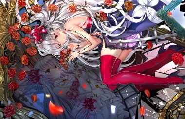 dress elbow gloves flowers gloves jane (king's raid) king's raid long hair mirror petals red eyes reflection rose swordsouls thighhighs white hair zettai ryouiki