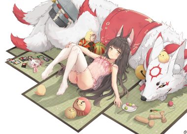 animal animal ears anthropomorphism ass azur lane ball bell bird black hair blush cameltoe egg (zero0ix) food fox foxgirl long hair manjuu (azur lane) mask mirror nagato (azur lane) navel panties see through thighhighs underwear yellow eyes