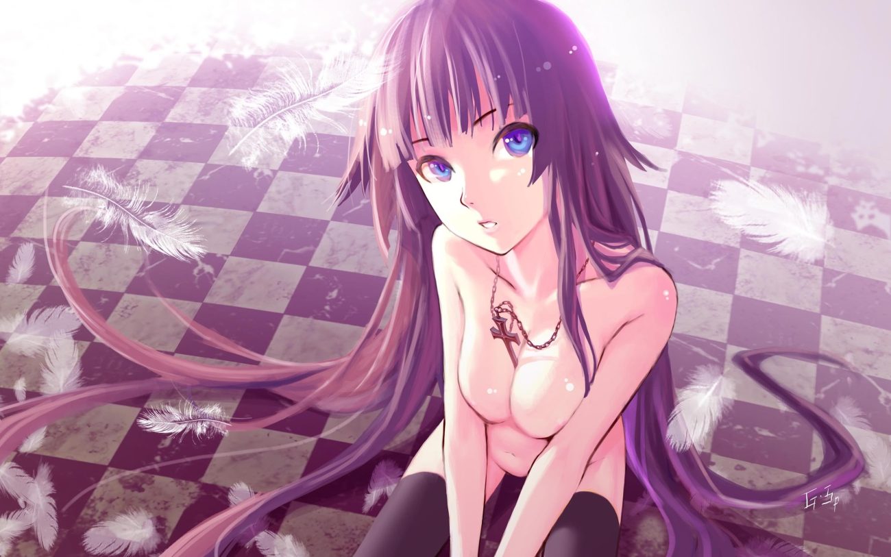 as109 bakemonogatari blue eyes breasts cleavage feathers jpeg artifacts long hair monogatari (series) navel necklace nude purple hair senjougahara hitagi thighhighs