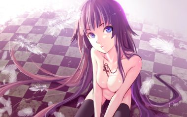 as109 bakemonogatari blue eyes breasts cleavage feathers jpeg artifacts long hair monogatari (series) navel necklace nude purple hair senjougahara hitagi thighhighs